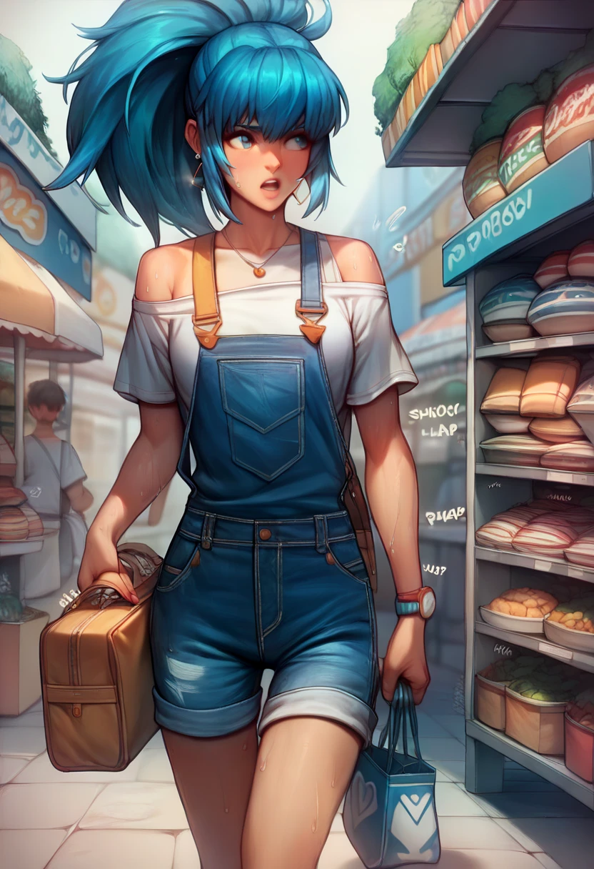 BREAK 1girls, walking, bag, looking fun, way to school, puppy, shop , BREAK 1girl,leonakofdg,blue hair,Sweat,(Sound Effects:1.3), Denim overalls,Vintage,Shorts style,Short T-shirt,off shoulders