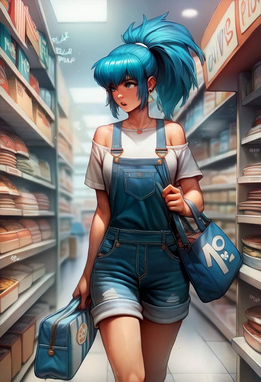 BREAK 1girls, walking, bag, looking fun, way to school, puppy, shop , BREAK 1girl,leonakofdg,blue hair,Sweat,(Sound Effects:1.3), Denim overalls,Vintage,Shorts style,Short T-shirt,off shoulders