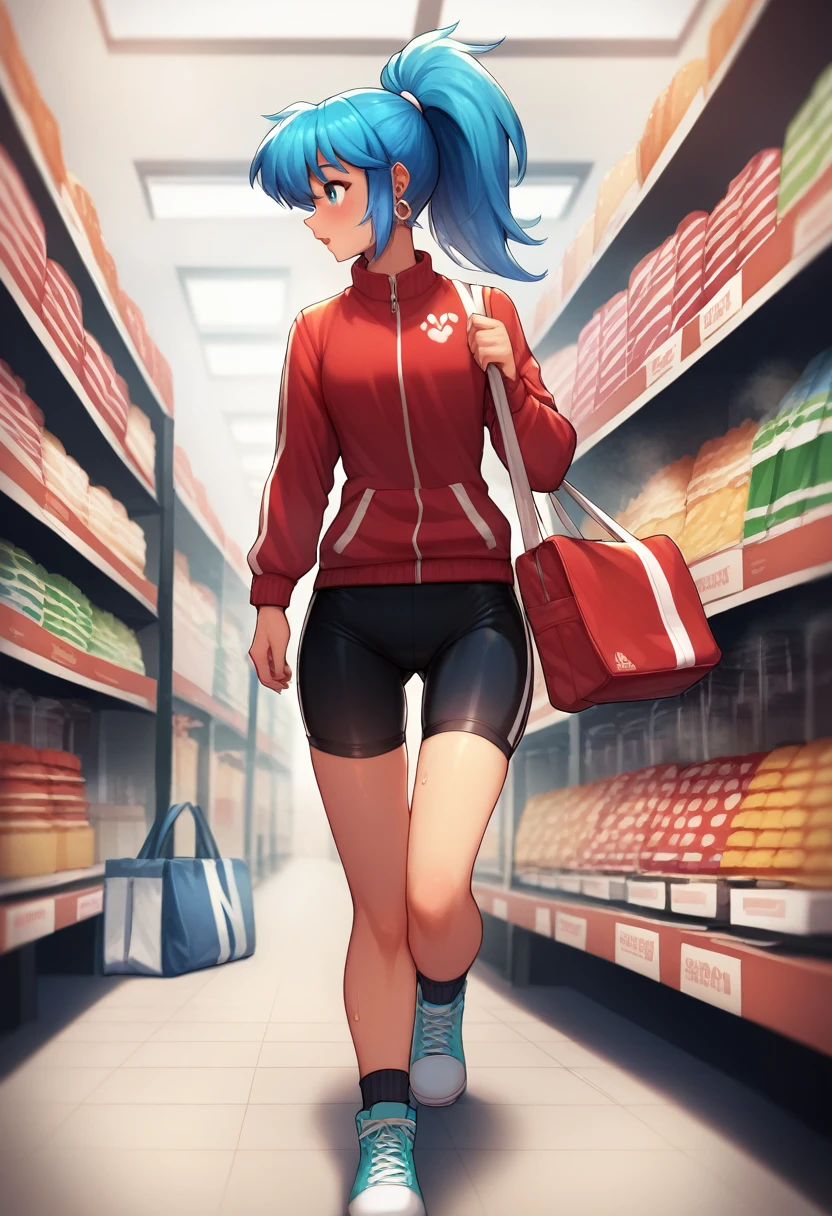 BREAK 1girls, walking, bag, looking fun, way to school, puppy, shop , BREAK 1girl,leonakofdg,blue hair,Sweat,(Sound Effects:1.3), Track jacket, Bike Shorts,