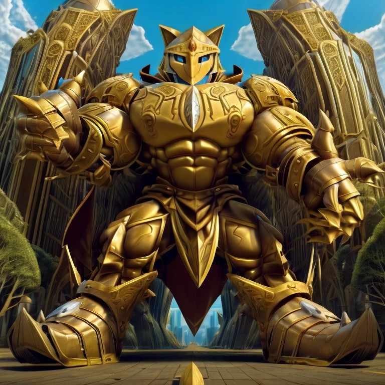 - Excalibur Sonic. Golden Armor. The whole body is golden.
- masterpiece. official art. 8k. best quality. detailed full body. full body.
- no face. wearing a full-face helmet.
- An arrogant expression. smile at the corner of your mouth.
- He with 4 arms.
- large muscles,  big muscle, huge muscles,  massive muscles, bulk up.
- focus GIANT Excalibur Sonic is trampling the city. Looking down. macro. stomp. Low-angle perspective. emphasizing the immense size. He has long legs.
- The nails are sharp. The nails are gold. There are five fingers.
- The toenails are sharp. The toenails are gold. There are five toes.

(Excalibur Sonic, golden armor, helmet, no face, holding, red cape, upturned and pointy shoes)