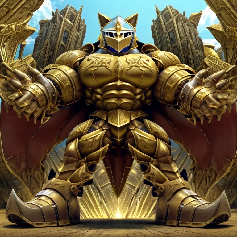 - Excalibur Sonic. Golden Armor. The whole body is golden.
- masterpiece. official art. 8k. best quality. detailed full body. full body.
- no face. wearing a full-face helmet.
- An arrogant expression. smile at the corner of your mouth.
- He with 4 arms.
- large muscles,  big muscle, huge muscles,  massive muscles, bulk up.
- focus GIANT Excalibur Sonic is trampling the city. Looking down. macro. stomp. Low-angle perspective. emphasizing the immense size. He has long legs.
- The nails are sharp. The nails are gold. There are five fingers.
- The toenails are sharp. The toenails are gold. There are five toes.

(Excalibur Sonic, golden armor, helmet, no face, holding, red cape, upturned and pointy shoes)