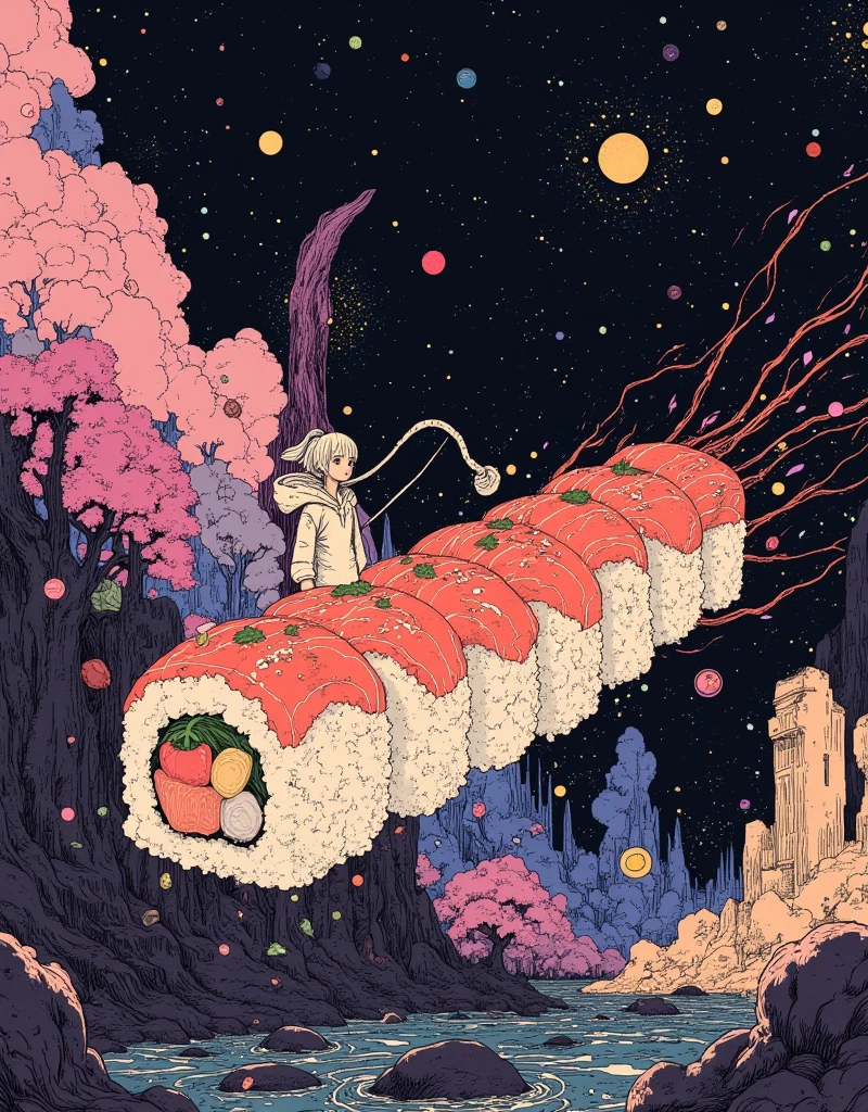 A large expanse of water in space,landscape.very beautiful gigantic huge realistic sushi glowing and shining brightly. photogenic,focus sushi,close up gigantic sushi