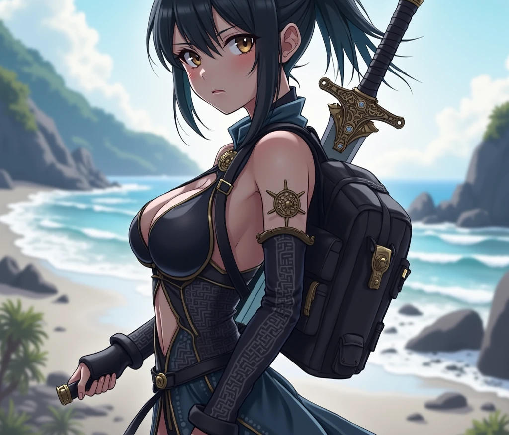 (masutepiece:1.5)、(top-quality:1.5)、(16k wallpaper:1.2)、(Photorealsitic:1.2)、(ultra-detailliert:1.2)、(超A high resolution:1.2)、(Ultra-detailed and realistic skin:1.2)、Detailed and clean eyes、Tsuriformes、Beautiful eyeshadow、(Sea sand beach)、(fight the octopus monster:1.3)、(long black high ponytail:1.4)、Natural Color Lip、large full breasts、Superheroine in a revealing costume、(luxury blue sexy armor、destroyed blue miniskirt、blue knee-high boots and sword:1.3)、angry expressions、fighting poses、(Jumping)、