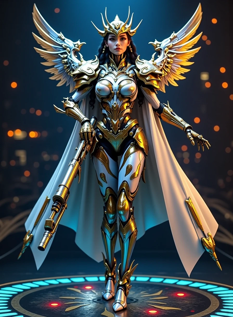 beautiful bronze statue, Harpy, gold statue, Arms are wings, Leathery wings, surrounded by pink pentagram on ground, Standing, standing in Pentagram, gold winged antennae, background cobblestone catacomb floor, Large pink crystal in stomach,