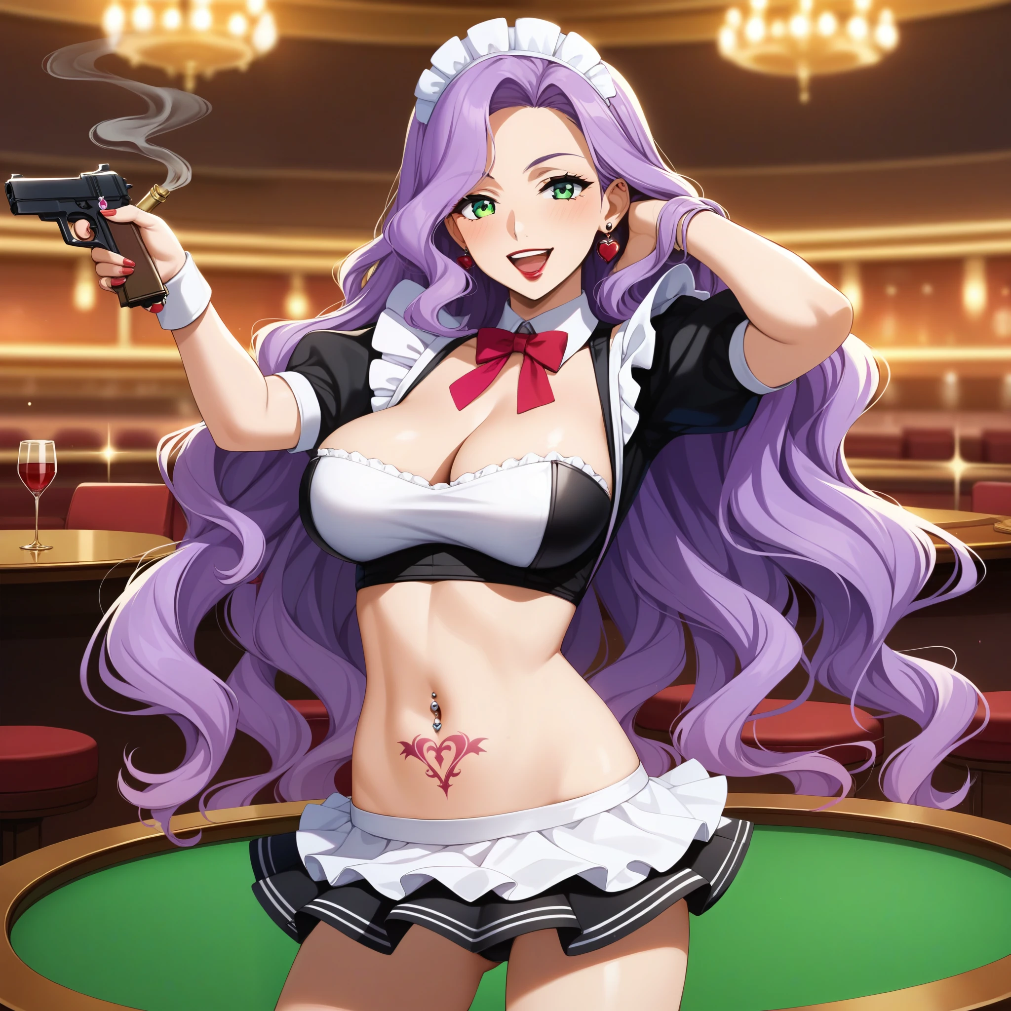 score_9, score_8_up, score_7_up, score_6_up, score_5_up, score_4_up, rating_questionable, , source_anime, digital illustration, pixiv, fanbox, uncensored, , BREAK, official art,
1girl, solo, female, anna clement, purple hair, green eyes, long hair, wavy hair,
 long hair, earrings, red lips, large breasts, ear piercing, long hair, blush, lipstick,Hot girl, baddie, smoking, sensual, attractive , jewelry, earrings, complex detailed background, casino environment, fancy interior environment, rich
interior, masterpiece, best quality, highly detailed, a anime girl in maid uniforms, holding pistol, maid
outfit, cleavage, evil smile, smile, open mouth ,ecchi anime style, anime girls, ecchi style, ecchi, digital
anime art!!, in anime style, official artwork, (nsfw) not safe for work, beautiful anime maid girl, anime
style 4 k, micro skirt, exposed belly, exposed navel, exposed midriff, exposed lower belly, holding a gun,navel piercing ,,, tattoo, tattoo midriff, rose tattoo, open arms sideway, arms T-pose, smirk, standing, anime girl T posing