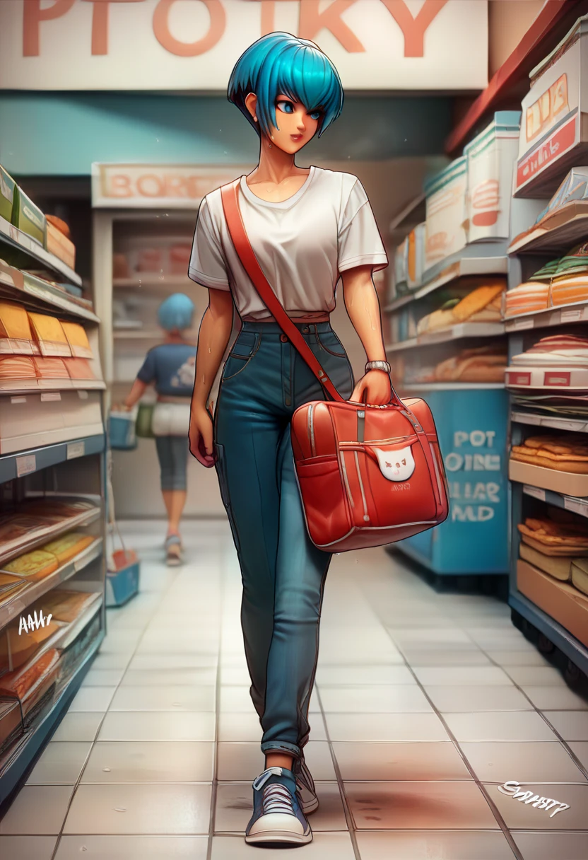 BREAK 1girls, walking, bag, looking fun, way to school, puppy, shop , BREAK 1girl,leonakofdg,blue hair,Sweat,(Sound Effects:1.3), Bright white shirt,Red Hot Pants,Modern fashion,High-cut sneakers,