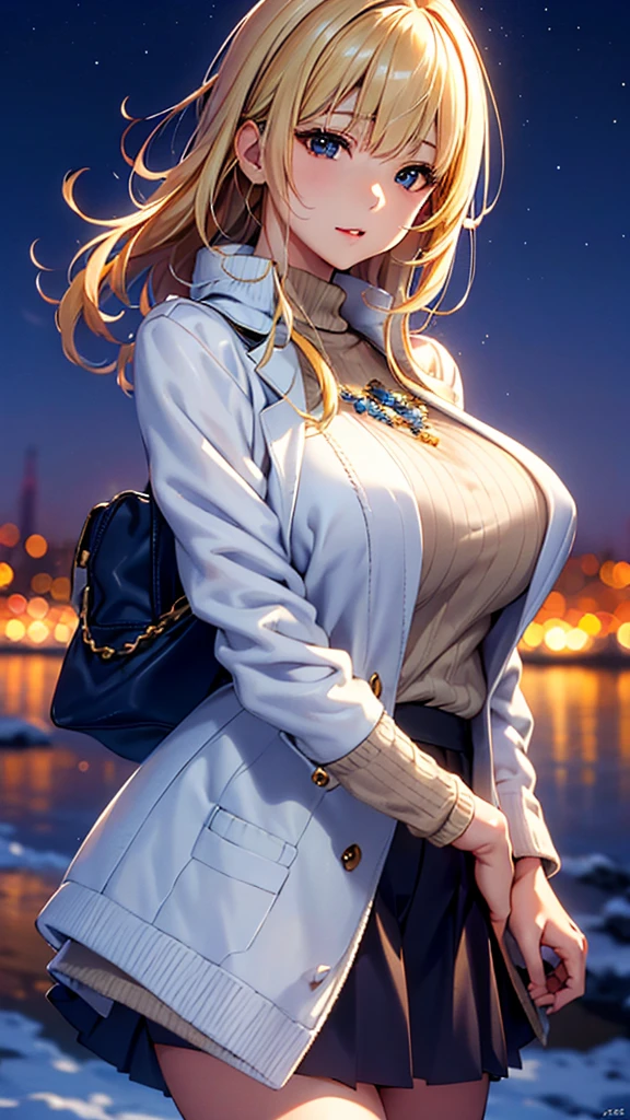 (((Highest quality, Great quality,32K))), (((RAW Photos, Realistic))), Unbelievably absurd, Very detailed, delicate, Flashy and dynamic depiction, Galaxy Express 999, Material, Long Hair, Blonde, Fur trim, Black Hat, Fur is, dress, Dynamic Angle、Beautiful and cool woman, Very large breasts bigger than a face, sad, Fleeting, Melancholic expression, Sharp eyes, Sharp Face, Slender and perfect proportions, Tight waist, Long eyelashes, Detailed pupil, Detailed skin texture, Background Galaxy, night, Station platform, Steam locomotive station, luggage, ((Cinema lighting))