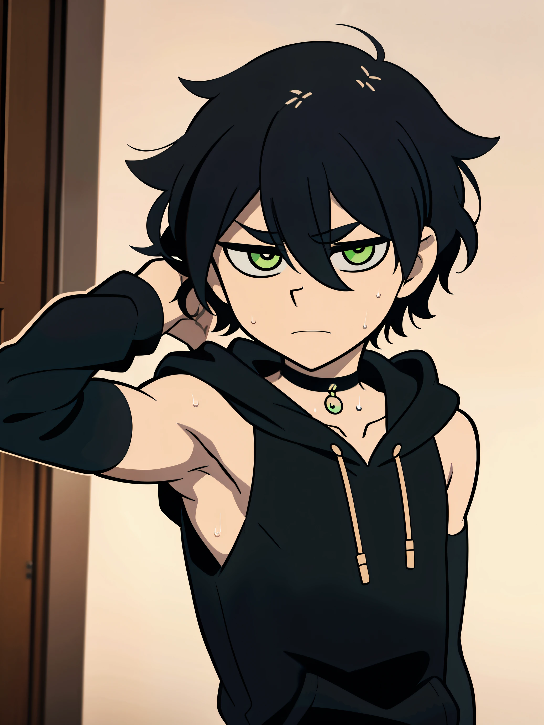 Highres, Masterpiece, Best quality at best,Best Quality,hight quality, hight detailed, Anime style, 1boy, Shota, Young boy, Young andy graves, hair between eyes, closed mouth,black hair, green eyes, Slim body, messy hair, look at viewer, Sleeveless hoodie, Bare shoulder, choker, upper body, White beckground, bright pupils, outline, white pupils, white outline, bold outline, (Showing armpit:1.3), Cute armpit, hansome boy, (Look like young boy), White beckground, hansome boy, Uhd, bokeh, sweat