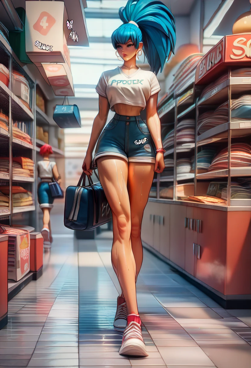 BREAK 1girls, walking, bag, looking fun, way to school, puppy, shop , BREAK 1girl,leonakofdg,blue hair,Sweat,(Sound Effects:1.3), Bright white shirt,Red Hot Pants,High-cut sneakers,