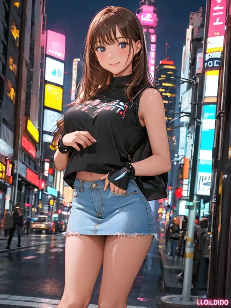 masterpiece,high resolution,1girl,((solo)),full body,woman,light smile,blush,medium breasts,skinny,realistic,20age,lothes of the Future,mini skirt,Cyber ​​city of the future,midnight,Glowing neon advertising sign