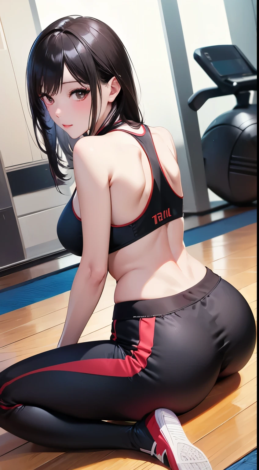  Beautiful Fitness Female Model，
 Black Off-Waist Top、Yoga Pants 、
Gym Instructor，
Detailed face，
Sex Seduction ，
 back view，
 lying on the ground，
Looking back lol ，
（ Alina 、4K、8k、 high resolution、masterpiece：1.2），
（Realism、照片Realism、照片Realism：1.37），
HDR、 Ultra HD、studio lighting、super fine painting、sharp、Physical Rendering、 Extreme Detail Description 、major、Bright colors、Bokeh、Portrait