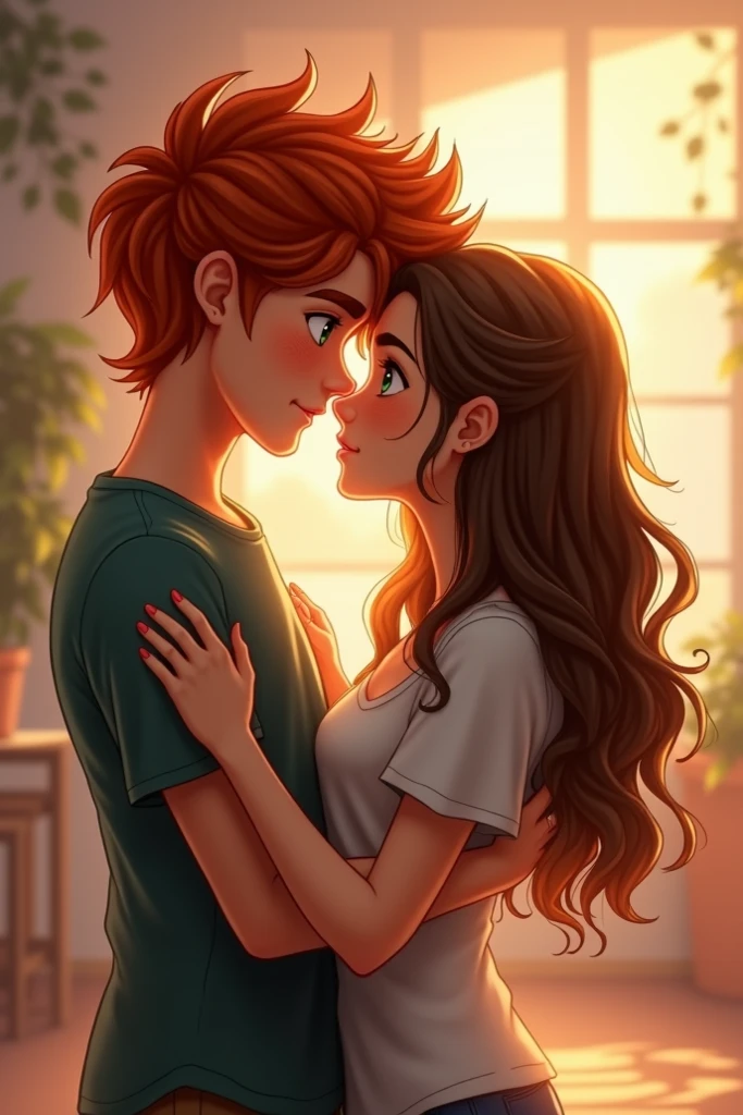 Animated Couple Relationship: White man with straight brown hair, 2, and brunette woman with straight red hair, 1 