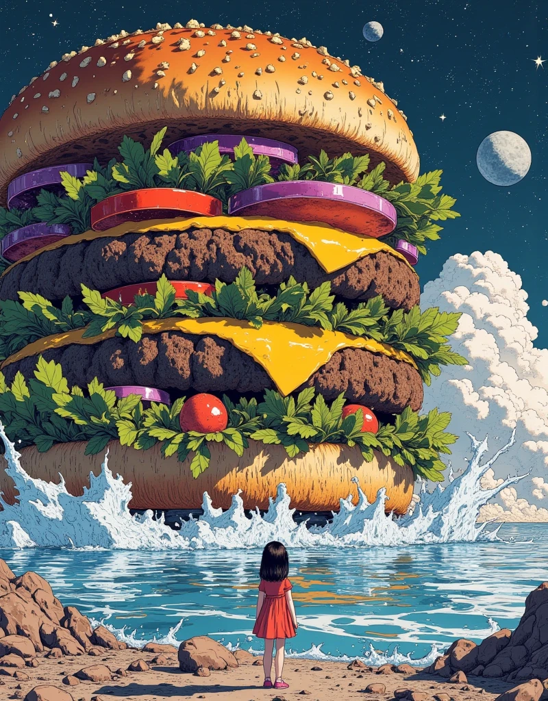 A large expanse of water in space,landscape.very beautiful gigantic huge realistic tall hamburger. photogenic, focus hamburger,close up gigantic hamburger,American girl