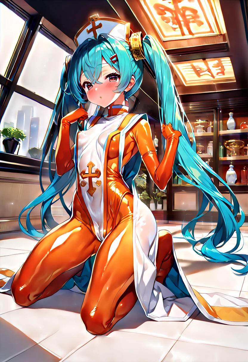 (nsfw:1.4), (hatsune miku:1.2), (priest(dq3) outfit:1.4), (long tabard, elbow gloves:1.4), (orange bodysuit, latex, tight, skin tight, covered nipples, cameltoe:1.4), (blush, in heat:1.4), (gleaming skin, shiny skin:1.4), (kneeling:1.4), (luxurious penthouse, indoor rooftop shrine:1.4),