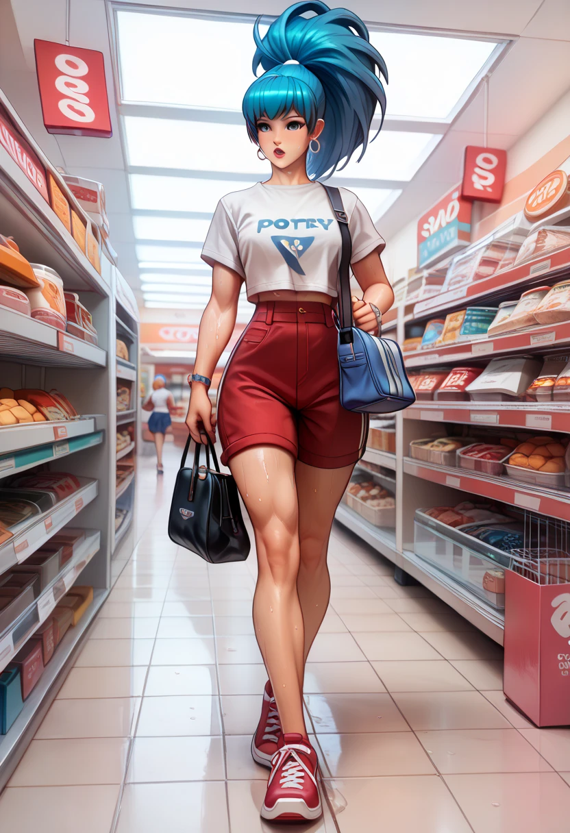 BREAK 1girls, walking, bag, looking fun, way to school, puppy, shop , BREAK 1girl,leonakofdg,blue hair,Sweat,(Sound Effects:1.3), Bright white shirt,Red Hot Pants,High-cut sneakers,