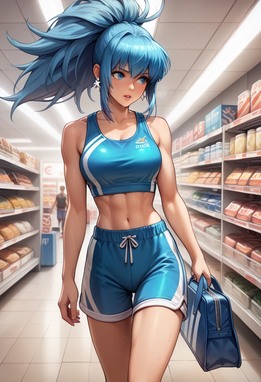 BREAK 1girls, walking, bag, looking fun, way to school, puppy, shop , BREAK 1girl,leonakofdg,blue hair,Sweat,(Sound Effects:1.3), Track and field athlete,Separate,Racing Bloomers,show off belly,show off neck,