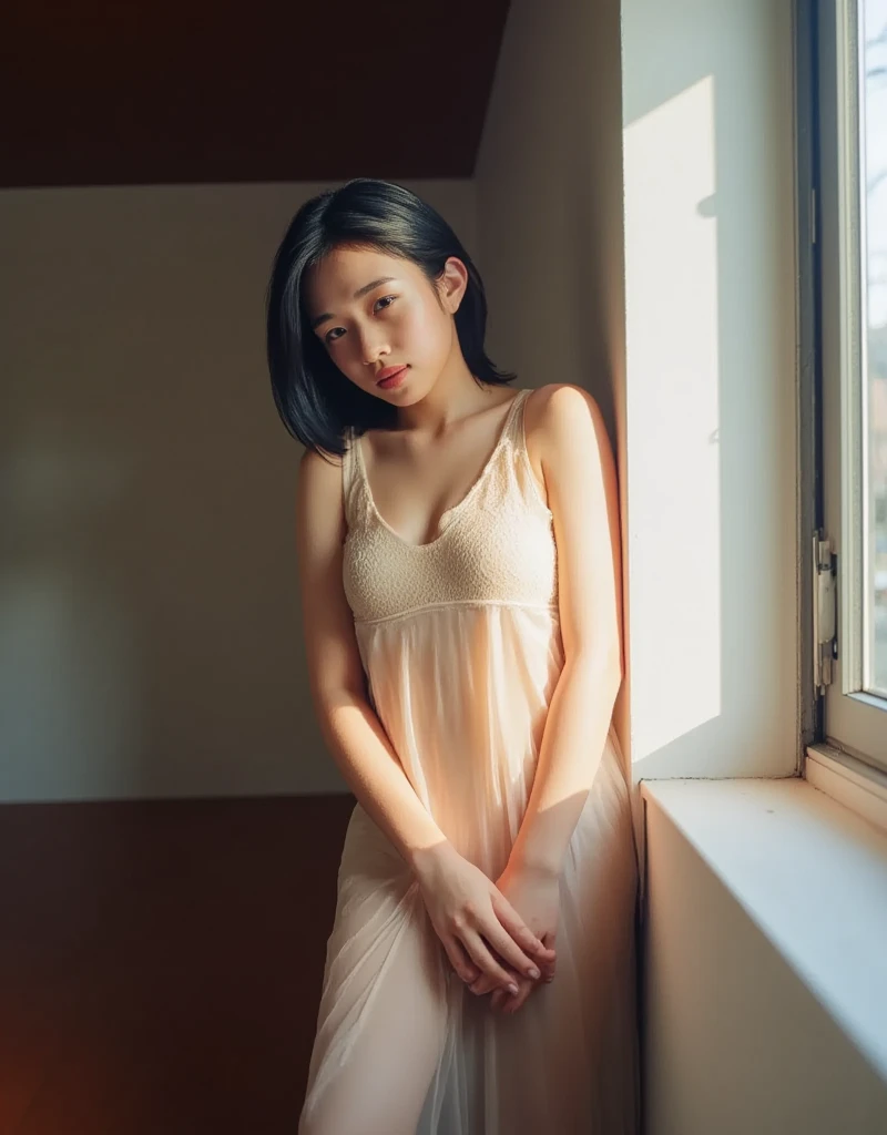 Beautifully lit, this art photograph of a sexy, blue-haired Asian woman exudes grace and sensuality. She is very thin, has beautifully toned abs, and incredibly large, shapely breasts; she has a very small, beautiful face. She stands in a minimalist room with soft lighting and warm shadows, partially covered by a translucent, delicate silk drape that flows along her curves and accentuates the graceful lines of her silhouette. Her pose is calm and relaxed, evoking a sense of mystery and seduction, and the subtle light accentuates the softness of her skin. Her gaze is sexy and seductive, framed by her hair parted to the right. The overall composition is reminiscent of classic boudoir art photography, with a focus on shapes, shadows, and the balance of light and dark, evoking a sense of timeless seduction and artistic sensuality.