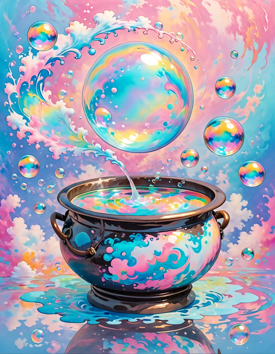 Marbling Art, Marbling Technique. Colorful magical fantasy dreamy bubble or soap bubble with iridescent, Magical glow enhances swirling colorful soap bubbles, Magical Reflections on Soap Bubbles with iridescent. witch, Cauldron of bubbling potion, Magical soap bubbles coming out of a mysterious magic cauldron. abstract pastel pink and blue background, Fluorescent Colorful Abstract Swirling Waves