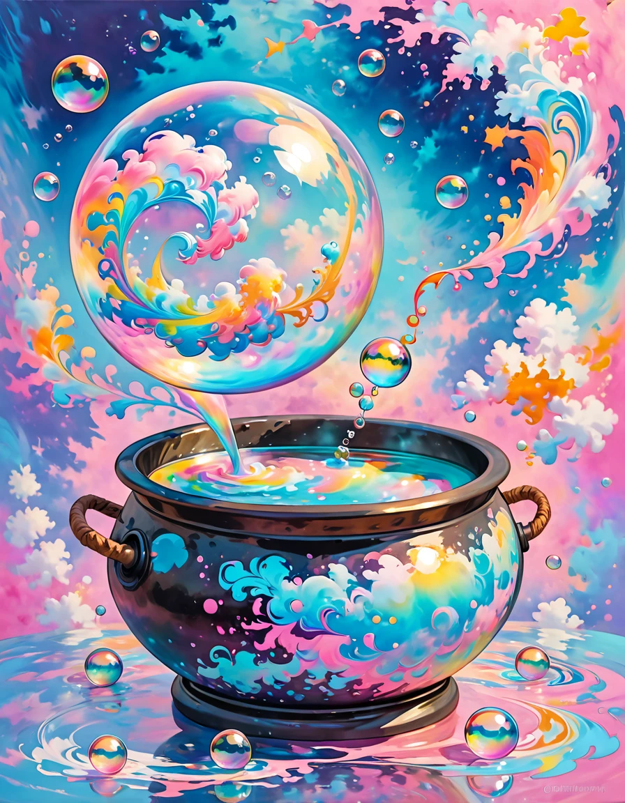 Marbling Art, Marbling Technique. Colorful magical fantasy dreamy bubble or soap bubble with iridescent, Magical glow enhances swirling colorful soap bubbles, Magical Reflections on Soap Bubbles with iridescent. witch, Cauldron of bubbling potion, Magical soap bubbles coming out of a mysterious magic cauldron. abstract pastel pink and blue background, Fluorescent Colorful Abstract Swirling Waves