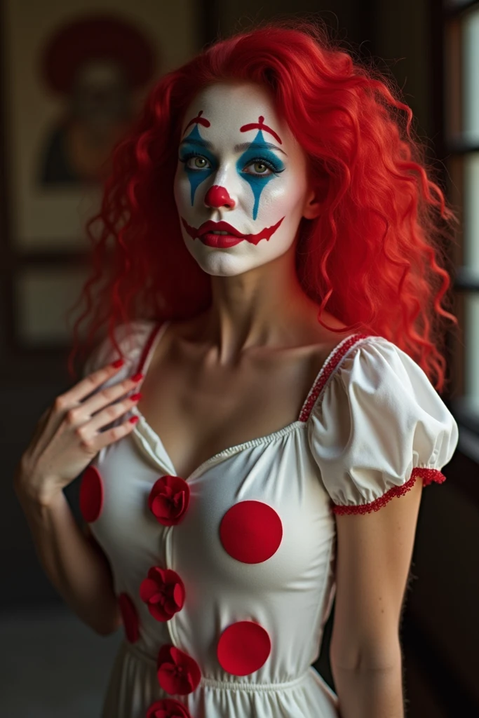 ((Best Quality)), ((Masterpiece)), (detailed)) Pretty curvy gothic model, White skin, long red hair, dressed and made up as a clown.