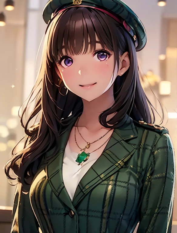   high definition  ,In 8K, best quality , Details, semi-realistic anime , D-anime style, Smooth Anime CG , one girl who is at ease, 19-year-old Japanese woman, very cute ,((beauty)), slim,modeling,((Sparkling Eyes)),((long hair that extends to the chest)),(( wavy maroon hair with bangs)),((Isetan guide's hat and uniform )),(( yellow and brown tartan check jacket)),((Attendant clerk )), pink lips, Shiny brown hair, Detailsな顔,Beautiful and  Details,,((深い青紫色のSparkling Eyes)),(Open your mouth),(Smile),(( Necklaces )),(( beautiful jade bokeh background ))