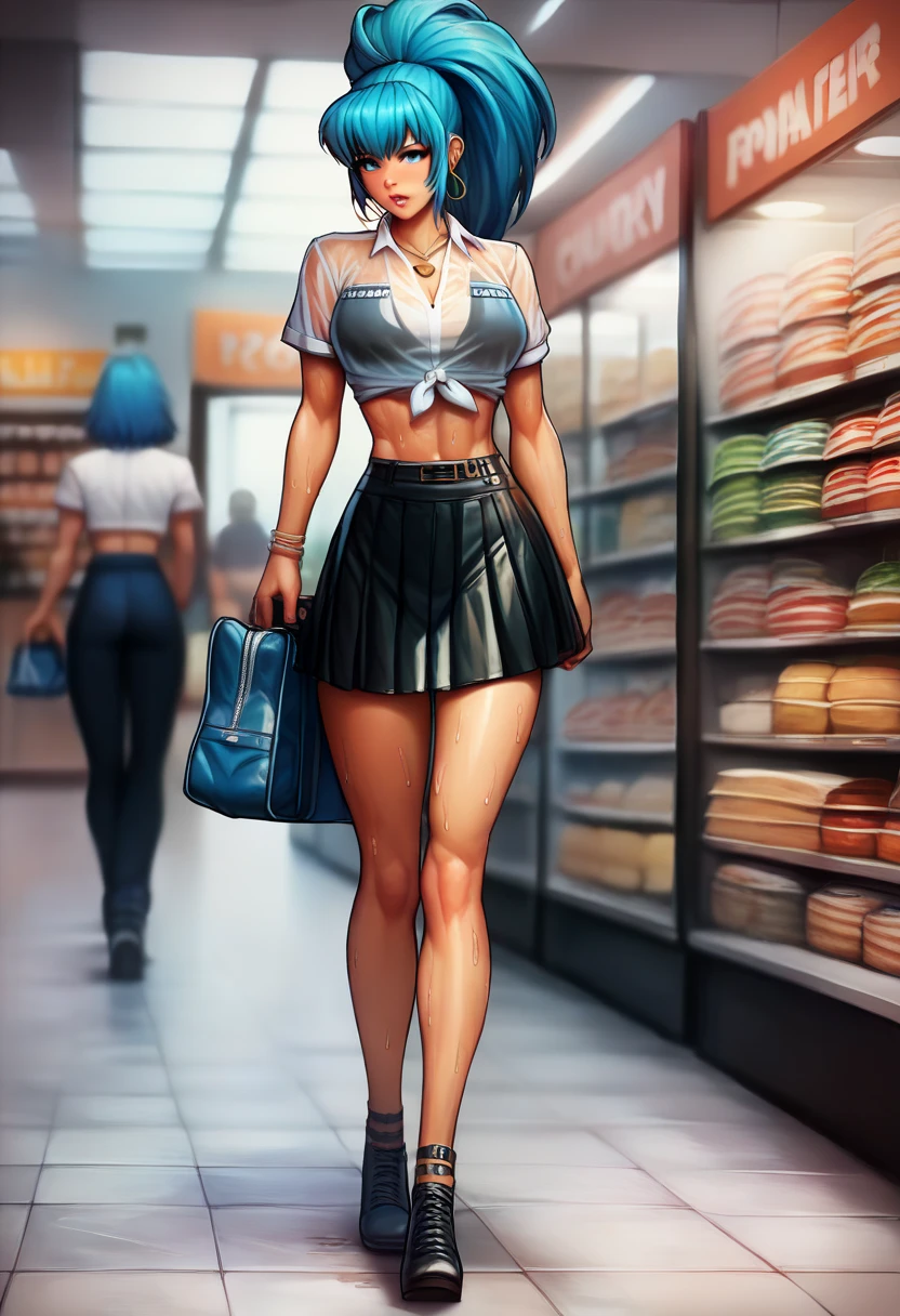 BREAK 1girls, walking, bag, looking fun, way to school, puppy, shop , BREAK 1girl,leonakofdg,blue hair,Sweat,(Sound Effects:1.3), maikurobikini,See-through police shirt,Tight black leather mini skirt,high-heels,