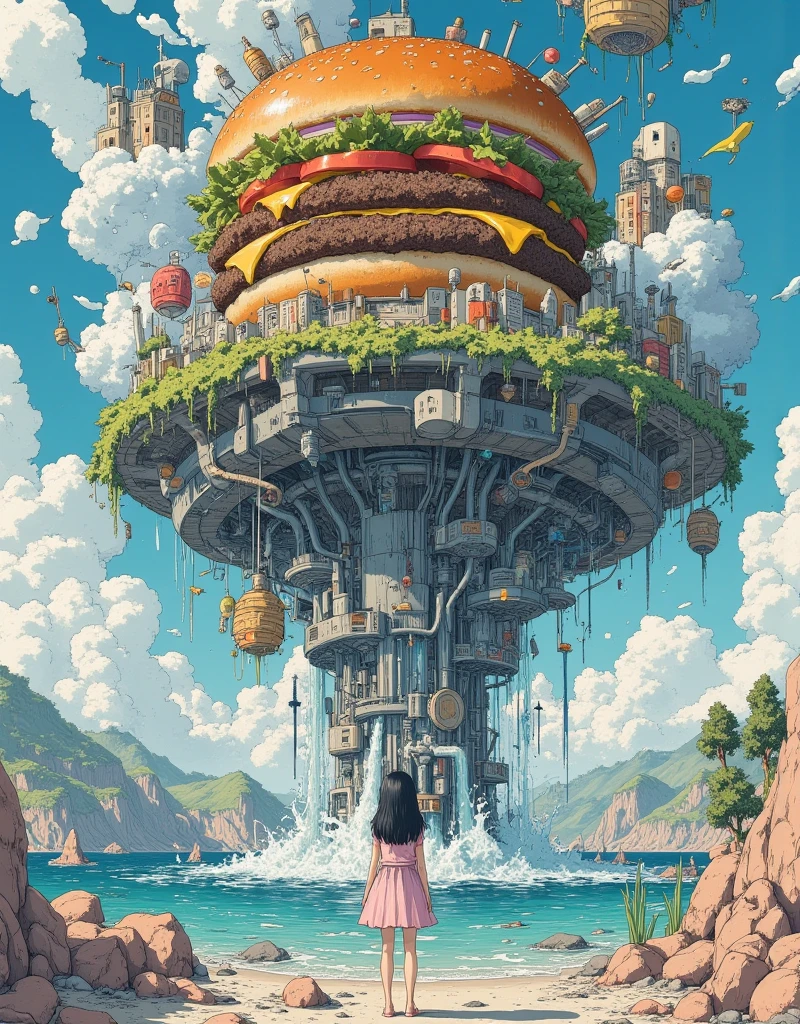 A large expanse of water in space,landscape.very beautiful gigantic huge realistic tall hamburger. photogenic, focus hamburger,close up gigantic hamburger,American girl looking it up