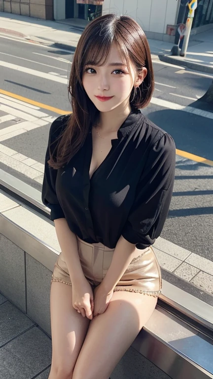 ((top-quality、8k masterpieces:1.3))、(ultra beautiful faces:1.0)、(shinny skin:1.0)、photos realistic、Brown hair, Short bob hair, layers-Cut, Hair swaying in the wind, Video Lighting、High-definition eyes and face、Silk Color Blouse、Skirt, 1 japanese girl, Neat and clean beauty, Cute, from the front side、medium breasts、A slight smile, Forest lake with morning mist
