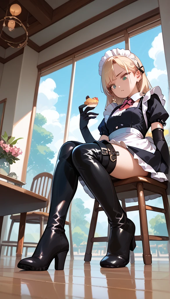 Anime Women, Maid seated on a chair, thigh boots, elbow gloves, raised leg, Stomping of feet on face, step on face, looking down, throw