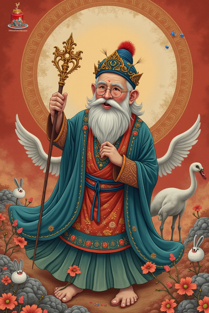 bird, food, fruit, 1boy, facial hair, beard, male focus, old, staff, old man, Large forehead,(bald:1.2), white hair, cloud, A deer, closed eyes, mountain, tree, holding, Holding a peach in his hand,solo