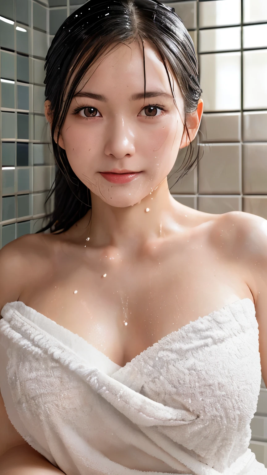 Best Quality, Very Short Hair, Necklace, Rain Wet White Y-Shirt, No Bra, Clean Face, Japan, Nipples Pink, Nipple Erection, Nipples Hard, Big Nipples, Shower Room, Skinny