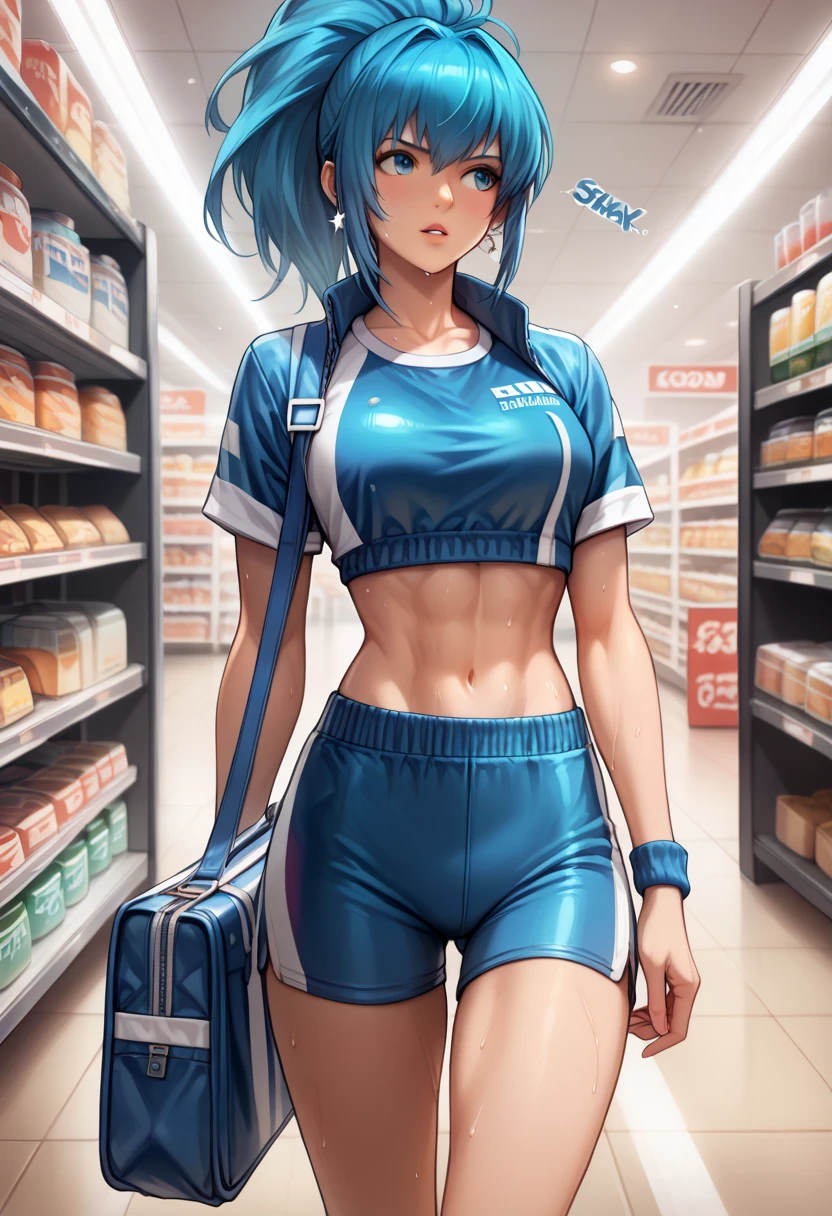 BREAK 1girls, walking, bag, looking fun, way to school, puppy, shop , BREAK 1girl,leonakofdg,blue hair,Sweat,(Sound Effects:1.3), Track and field athlete,Separate,Racing buruma ,show off belly,show on neck,