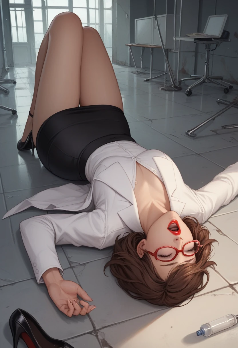 Sexy woman, Bob hair, Brown hair, red glasses, closed eyes, black eyes, red lipstick, small breast, curvy, White formal shirt, black skirt, black formal jacket, black formal shoes, walk in abandoned laboratory, fainted, lying on the floor, Open mouth 