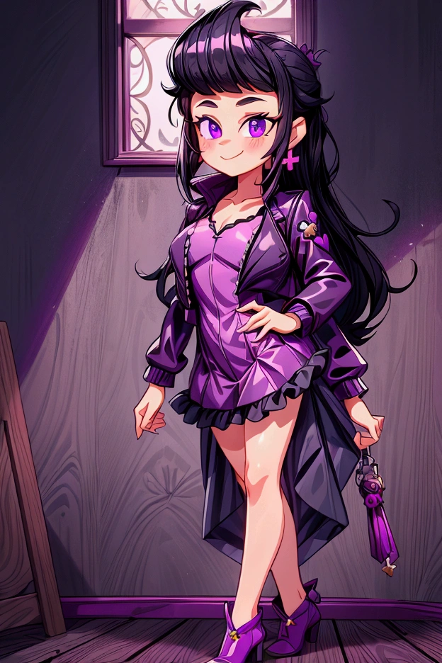 (Masterpiece, best quality) 1 girl, black hair, medium long hair, purple eyes, standing indoors with intricate details and sunlight. Purple frilled dress with short neckline, dark black biker jacket vest, black heels, cross earrings. Sweet smile, sexy pose, coquette, beautiful legs, mature body, gorgeous, pronounced breasts