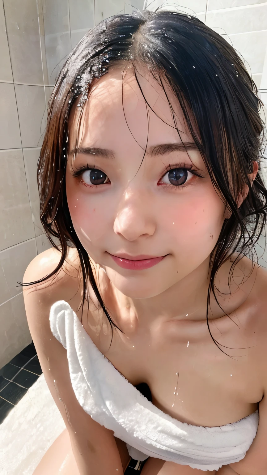 Browsing Caution, ((Highest quality)),  (detailed), 1 japanese, I take a shower、sexy, Bathroom、Hotel、Beautiful breasts、 bright areola、Black Bob、Beautiful Skin, double eyelid, blush, (smile:0.8), (Embarrassing:1.4), Realistic