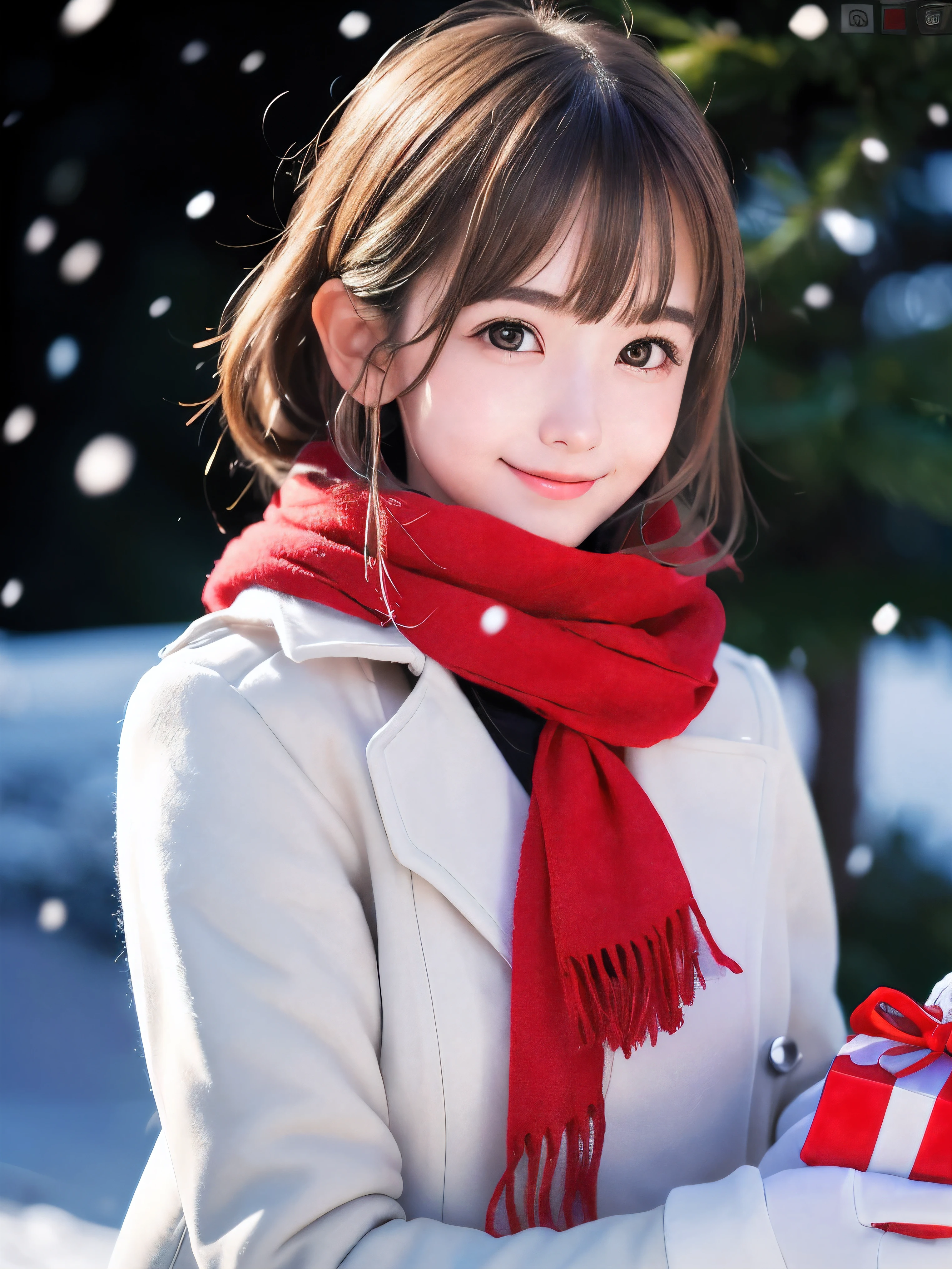 (Close-up face shot of one slender small breasts half up blonde long hair with bangs girl in a winter white long coat and red scarf:1.5)、(One blonde hair girl is holding a gift box with gloves in hand with small smile:1.5)、(Very beautiful Christmas illumination:1.5)、(Heavy snowing night:1.5)、(blurred background:1.5)、(Natural light:1.5)、(8k ultra detailed master piece:1.5)、(perfect anatomy:1.5)、(Photorealistic stick:1.5)、(Raw photo:1.3)、(highest quality:1.5)、(High resolution:1.3)、(Delicate and beautiful perfect face:1.3)、(Delicate and beautiful eye air skin:1.3)、(Real Human Skin:1.3)、((thin legs))