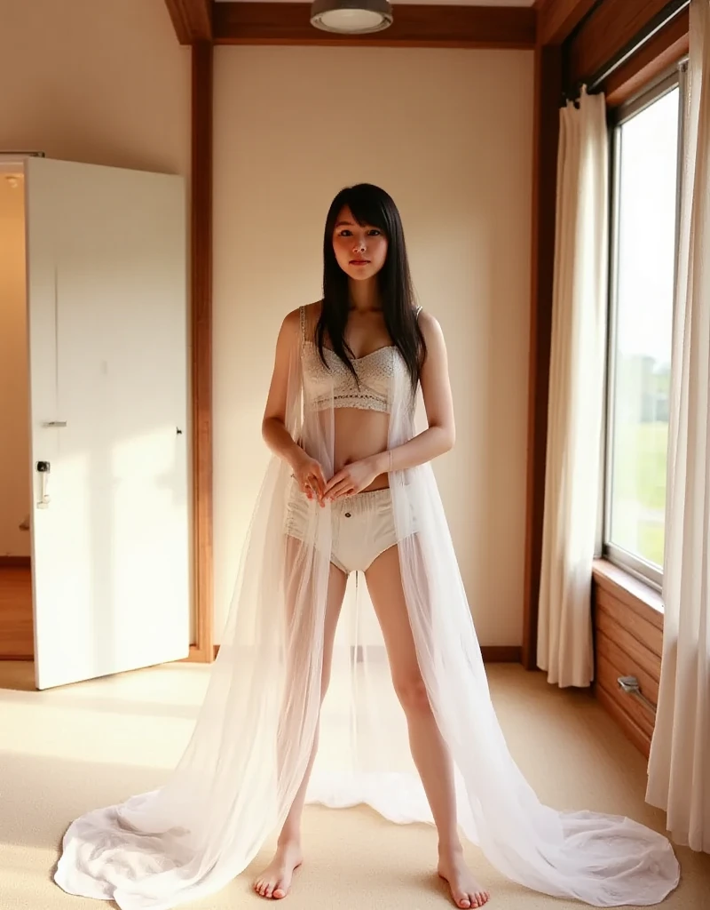 Beautifully lit, this art photograph of a sexy, blue-haired Asian woman exudes grace and sensuality. She is very thin, has beautifully toned abs, and incredibly large, shapely breasts; she has a very small, beautiful face. She stands in a minimalist room with soft lighting and warm shadows, partially covered by a translucent, delicate silk drape that flows along her curves and accentuates the graceful lines of her silhouette. Her pose is calm and relaxed, evoking a sense of mystery and seduction, and the subtle light accentuates the softness of her skin. Her gaze is sexy and seductive, framed by her hair parted to the right. The overall composition is reminiscent of classic boudoir art photography, with a focus on shapes, shadows, and the balance of light and dark, evoking a sense of timeless seduction and artistic sensuality.