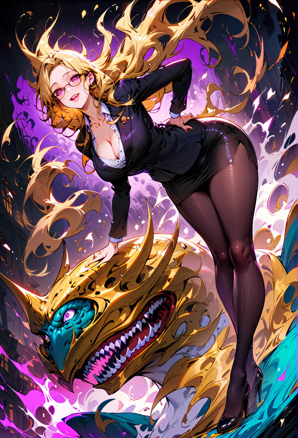   1 Mature Beauty  ,( Alina , Extremely Detailed Depiction , Incredibly Ridiculous HD,Anatomically Accurate,【plump legs】,Detailed pupils, with shiny skin , Porcelain Skin ),( office lady ,  An Excellent Secretary ,Female villain ,Glasses),( Business Suit ,tight skirt,formal shirt,High heel, black leggings ,Luxurious Accessories ),[eyelash,( purple eyes ,crazy eyes,half closed eyes:1.5,Big , Evil Smile , Glossy Red Lips , Open Mouth,seductive gesture),whole body,