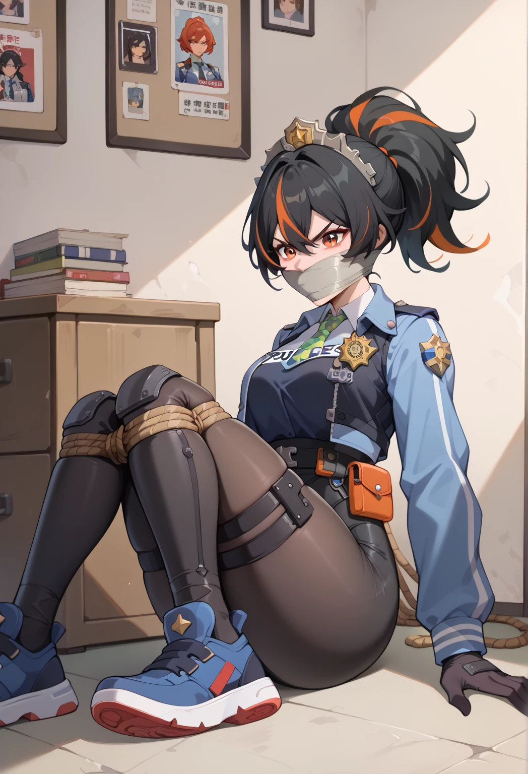 score_9, score_8_up, score_7_up,1gir,l zhu yuan, orange eyes, black hair, long hair, streaked hair, ponytail,livingroom,,((bound,rope)),angry,metal hairband, police uniform, blue jacket, cropped jacket, long sleeves, black vest, two-tone vest, black gloves, green necktie, plaid necktie, black pants, high-waist pants, belt, thigh straps, knee pads, holster, tight pants, blue footwear,wraparound tape gag,improvised gag,hair pulled by tape,hair wrapped by tape,