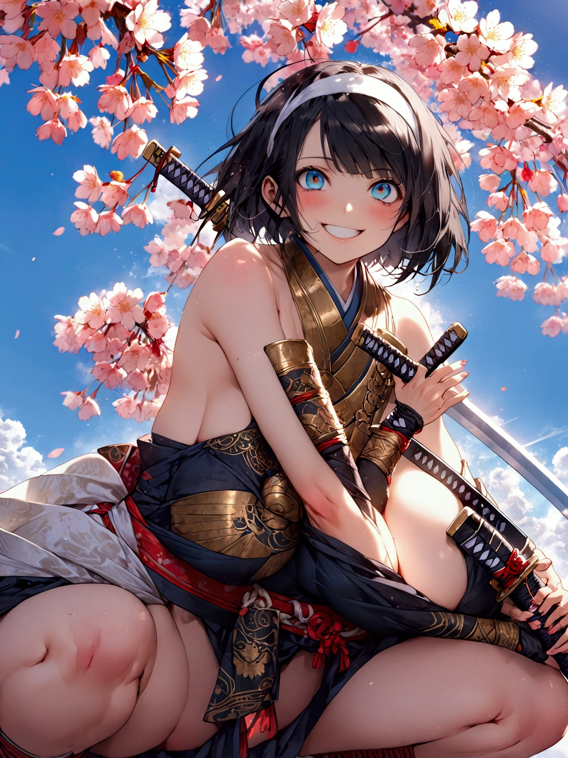 (((1 Japanese female))),(((Old Japanese Female Warrior )))、(((Female warlord)))、(((Warrior Princess)))、(((War Goddess)))、(((((古い日本の鎧)))))、(((((Clothing)))))、((( black hair)))、((( Short Hair )))、(((White headband)))、((( waving Japanese swords ))),(((Squat)))、(((smile)))、((( look up )))、(((Frowning)))、(((Sharp Eyes)))、((( painful expression)))、(((blue sky)))、(((cherry blossoms)))、((( Japan's Warring States Period)))、「 best quality、masterpiece、  illustration without a face 、 very delicate and beautiful、 very detailed、CG、8k wallpaper、 amazing、 details、masterpiece、最高の究極の芸術 very detailed CG Unity 8k wallpaper」、(Dynamic picture )、Huge Breast