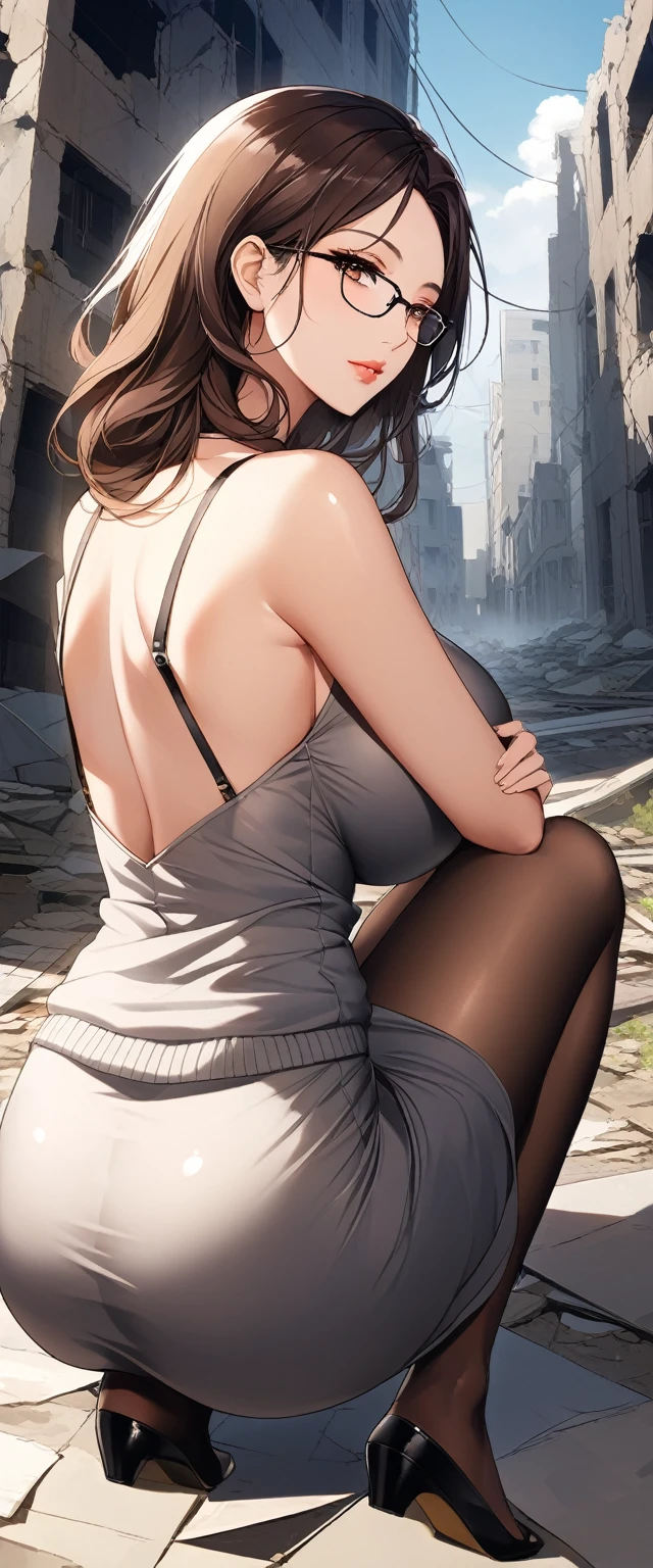         Brown Eyes       , black 髪, (Perfect squat posture  ), length髪,               mature mature      ， length,       shiny hair ，       brown hair，       glossy lips in the ruins of the city，  showing my back with glasses，beautiful，Big Breasts，beautifulデコルテ， beautiful脚 ，sweater， Mid-length skirt that is comfortable even when sitting on a chair，   lingerie ，        living room sofa ，