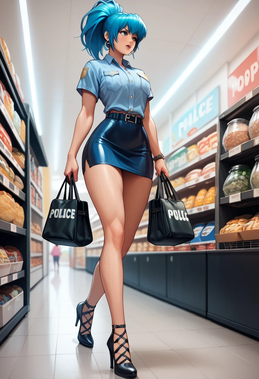 BREAK 1girls, walking, bag, looking fun, puppy, shop , BREAK 1girl,leonakofdg,blue hair,Sweat,(Sound Effects:1.3), policewoman,police shirt,Tight black leather mini skirt,high-heels,