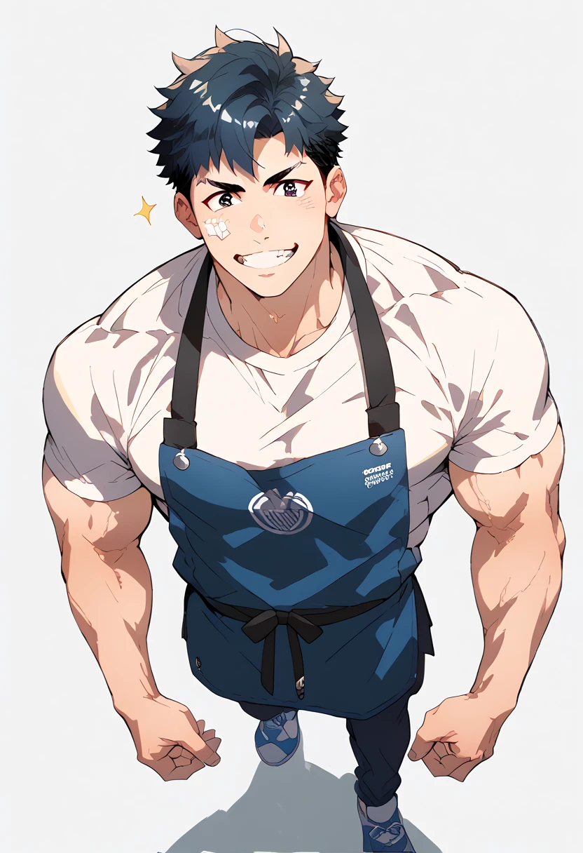 Delicate eyes and delicate face, 1 boy, 18 years old, handsome face, pure and cute face, Detailed face, White T-shirt with blue apron, cute, Male focus, muscular, muscular male, Chest muscles, black short hair, black eyes, detailed eyes, smile, Sole, Solitary, Full body picture