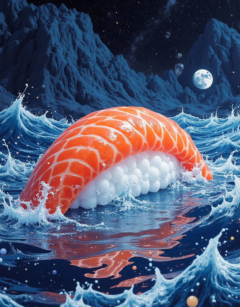 A large expanse of water in space,landscape.very beautiful gigantic huge realistic 1sushi glowing and shining brightly. photogenic,focus 1sushi,close up gigantic 1sushi