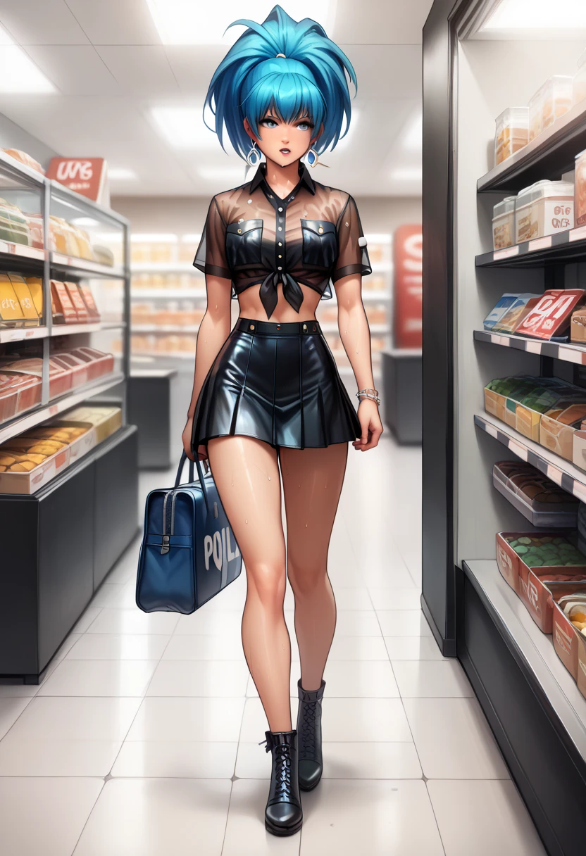 BREAK 1girls, walking, bag, looking fun, way to school, puppy, shop , BREAK 1girl,leonakofdg,blue hair,Sweat,(Sound Effects:1.3), maikurobikini,See-through police shirt,Tight black leather mini skirt,high-heels,