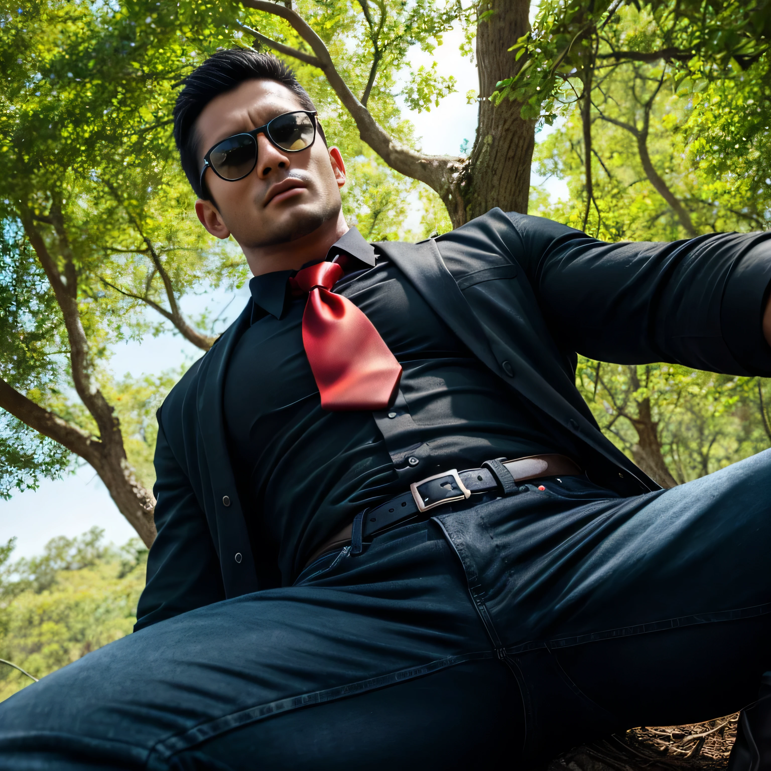 33 years old,One Man,、Black Shirt、Red tie、Black gloves、Forest、Lying on your back on a tree、　logic, ,Black Hair、Very short hair、undercut、Handsome fighter　Asian Face　Stubble、The crotch area of your trousers is bulging　Black sunglasses　Seen from below　Beaten and screaming in pain