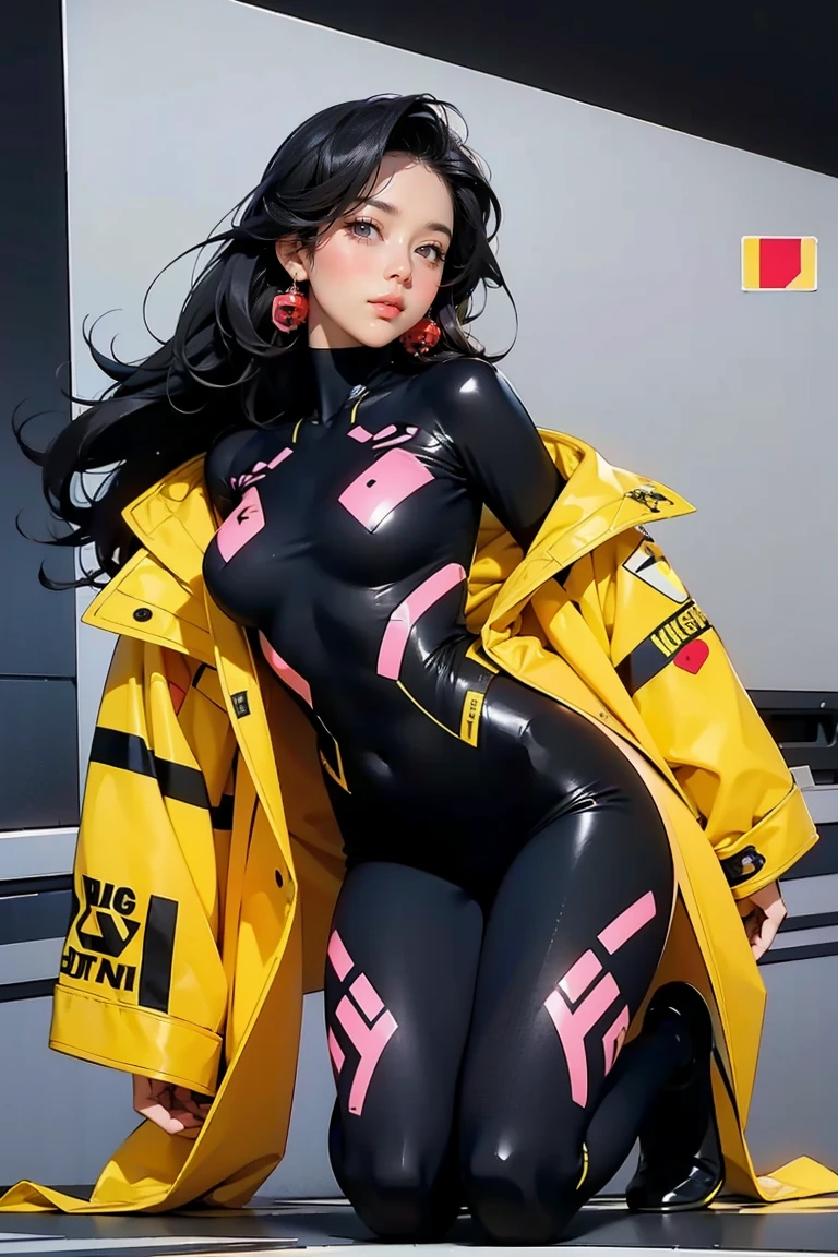 A stylish, anime ciberpunk woman in an Amarillo y Negro outfit poses confidently against a backdrop of the League of Legends universe, embodying the sleek, black-and-yellow color scheme of Loba Andrade from Apex Legends. Her elegant, yellow-toned skin contrasts with her dark attire, adorned with vibrant, yellow panels. The image also features a subtle nod to Brigitte from Overwatch, with the same color scheme. The overall composition exudes a sense of edgy, futuristic allure, fitting for a female chica anime ciberpunk character.