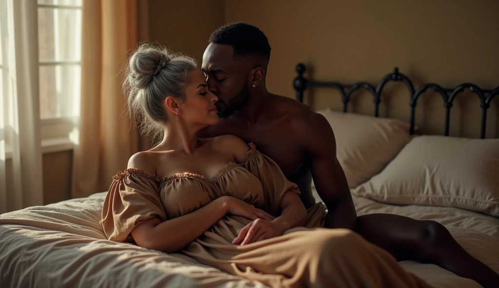 A beautiful young shy cutie girl with wavy blond long hair, wearing a simple pink dress and high heels, lying on the couch, with pretty large boobs, smiling hugs with a black adult man interracial