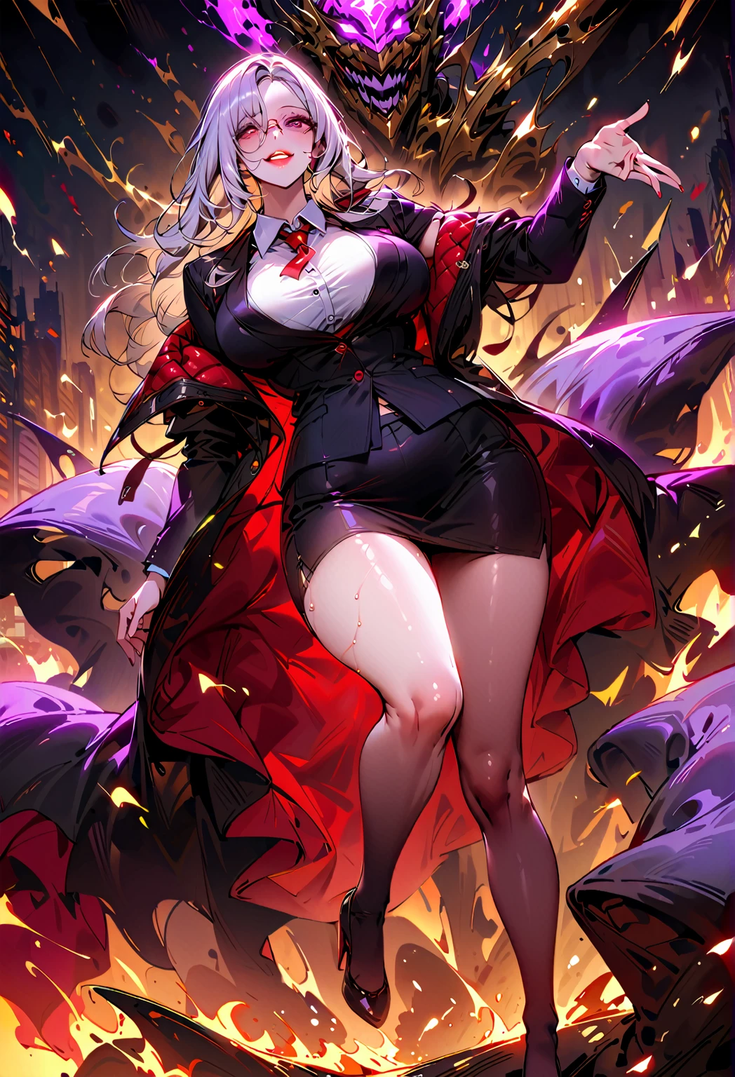 You find yourself in a completely destroyed city. A giant woman, with the appearance of Ultraman, stands beside you. She is imposing, and her presence is impressive. At the same time, a giant aquatic monster is seen emerging from the debris-filled waters, adding further tension to the scene. Despite the chaotic environment, the image is in high resolution and quality, allowing for a detailed view of this unique scene, elf,bikini, yellow hair, huge breast, big tits, thick, huge ass, pantyhose, buildings are on fire, sexy, she's very big, she's very giant, she's bigger than clouds, crazy smile, she destroying everything, trying to stomp you, bloodthirsty, blood on her mouth, blood on her feet, blood on her tits, a lot of blood on her, evil, blood on her hand, blood on her feet, very a lot of blood, she ate all people,
