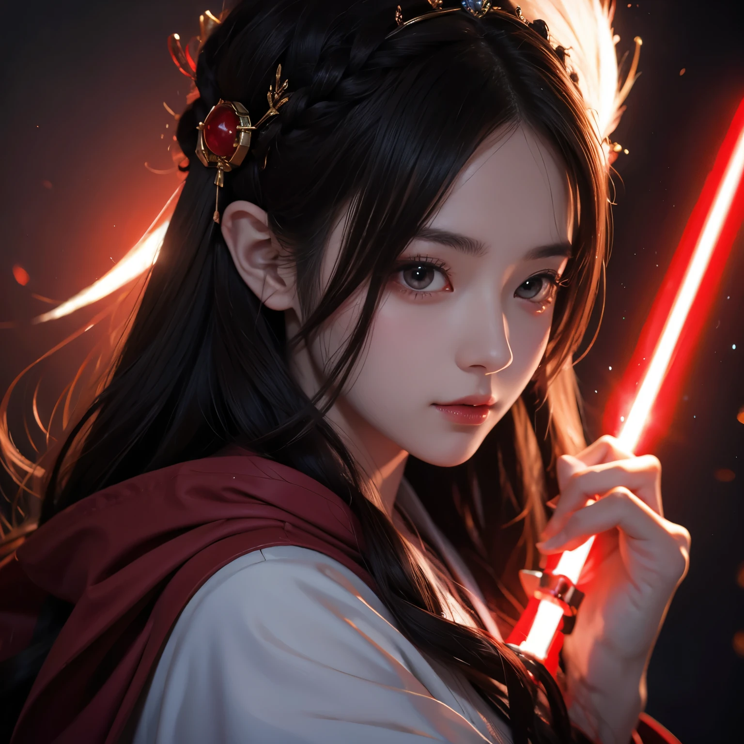  full-body photo of Princess Zelda ,  dark hair ,  red eyes , Dress up as Rey Skywalker, 30 years old,  mature, XL bust , Holding a red lightsaber with only one hand,  wears a black cape with red details, fighting, [在fighting姿态中, background: Death Star Space Station Interior, Unreal Engine 5,  Japanese Anime,  Japanese Anime style, masterpiece, Well drawn eyes, Well-drawn face ,  delicate eyes ,  Akatsuki cloak , 8K,  lighting effect.